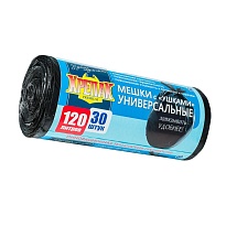 Мешки для мусора 120 л, с ушками, черные, в рулоне 30 шт., ПНД, 15 мкм, 1100х700 мм, Крепак, 4607075710375 в Кропоткине Мешки для мусора 120 л, с ушками, черные, в рулоне 30 шт., ПНД, 15 мкм, 1100х700 мм, Крепак, 4607075710375 в Кропоткине